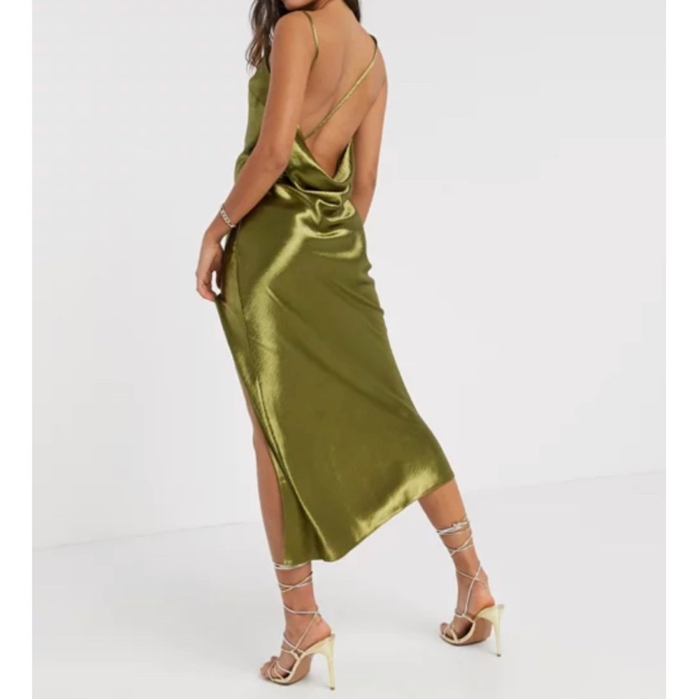 NWT ASOS DESIGN cowl back strappy drap midaxi - satin - olive